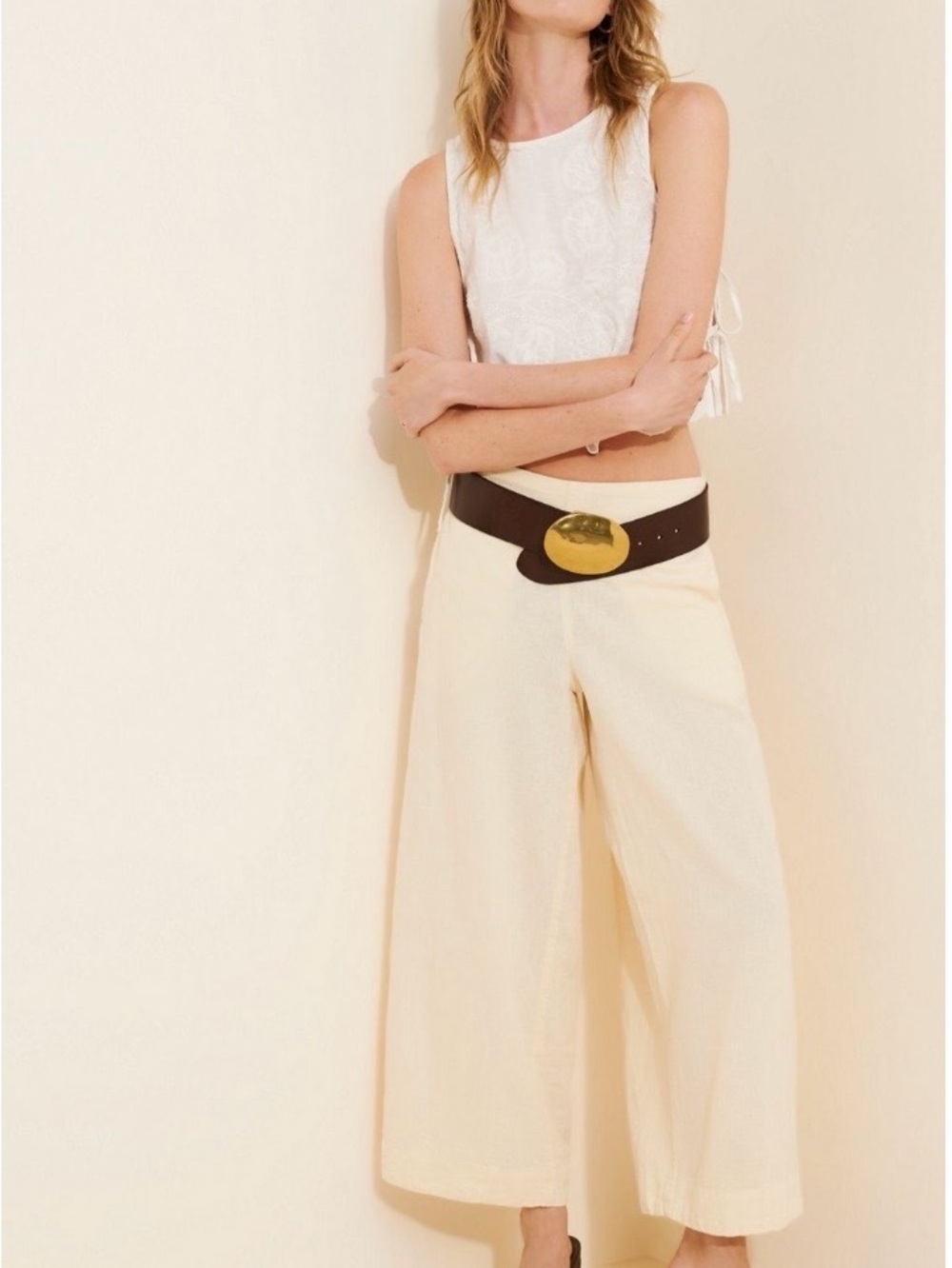 Free People Cream Wide-Leg Linen/Cotton Pants